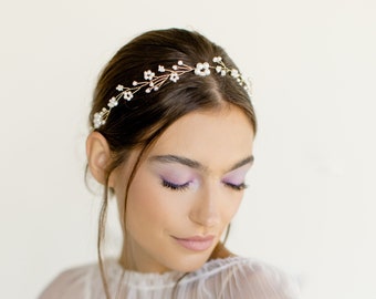 MARA - bohemian delicate pearl floral wedding hair vine, modern boho bridal headpiece