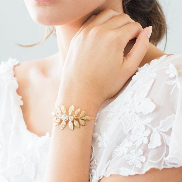 ASTRID grecian goddess gold leaf bridal bangle, bohemian leaves and crystal wedding bracelet, boho bridesmaid gift