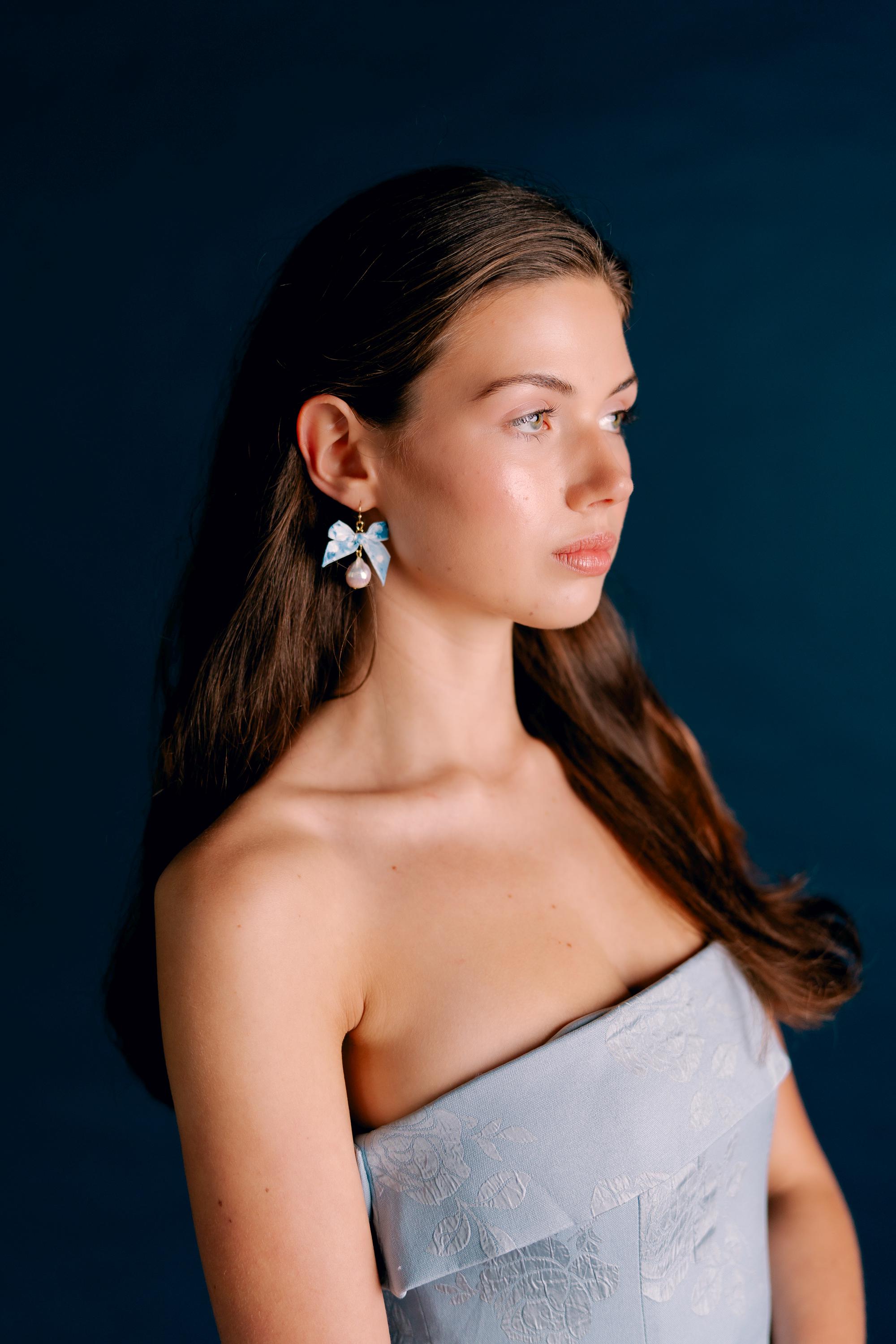 LAKEN - hand painted bow and freshwater pearl earring, unique painted bridal earring