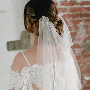 LEILA - glamorous art deco crystal adorned draped bridal veil, glam vintage style boho tulle wedding veil with rhinestone and pearl combs