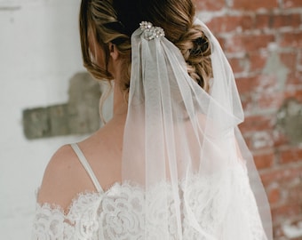 LEILA - glamorous art deco crystal adorned draped bridal veil, glam vintage style boho tulle wedding veil with rhinestone and pearl combs