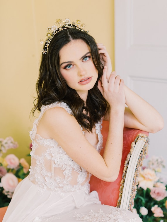 Estelle Bridal Tiara Wedding Hair Accessories | Gold Pearl and Cubic Zirconia  main image 2