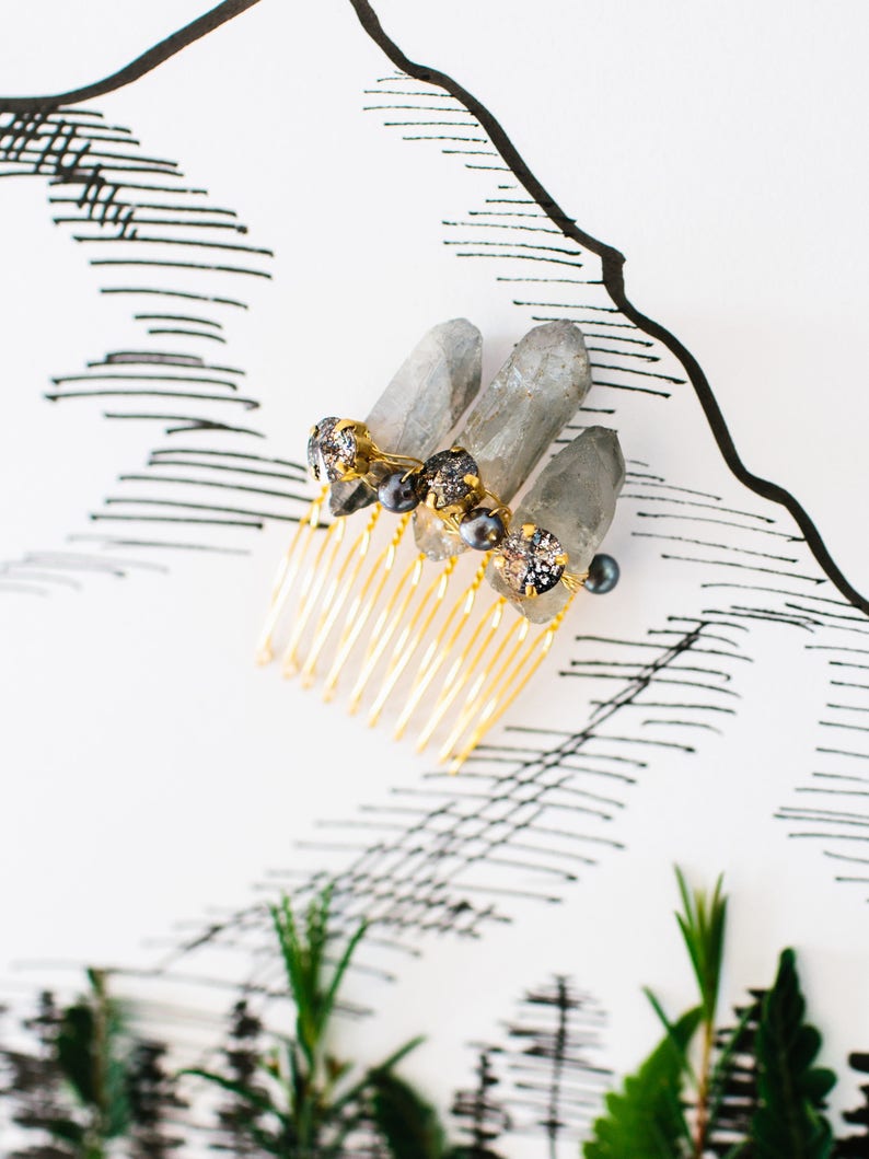 raw crystal boho wedding hair piece SIERRA smokey quartz edgy bohemian bridal comb