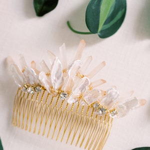 CYNTHIA feather inspired quartz bridal comb, bohemian ethereal pearl rose wedding hairpiece image 5