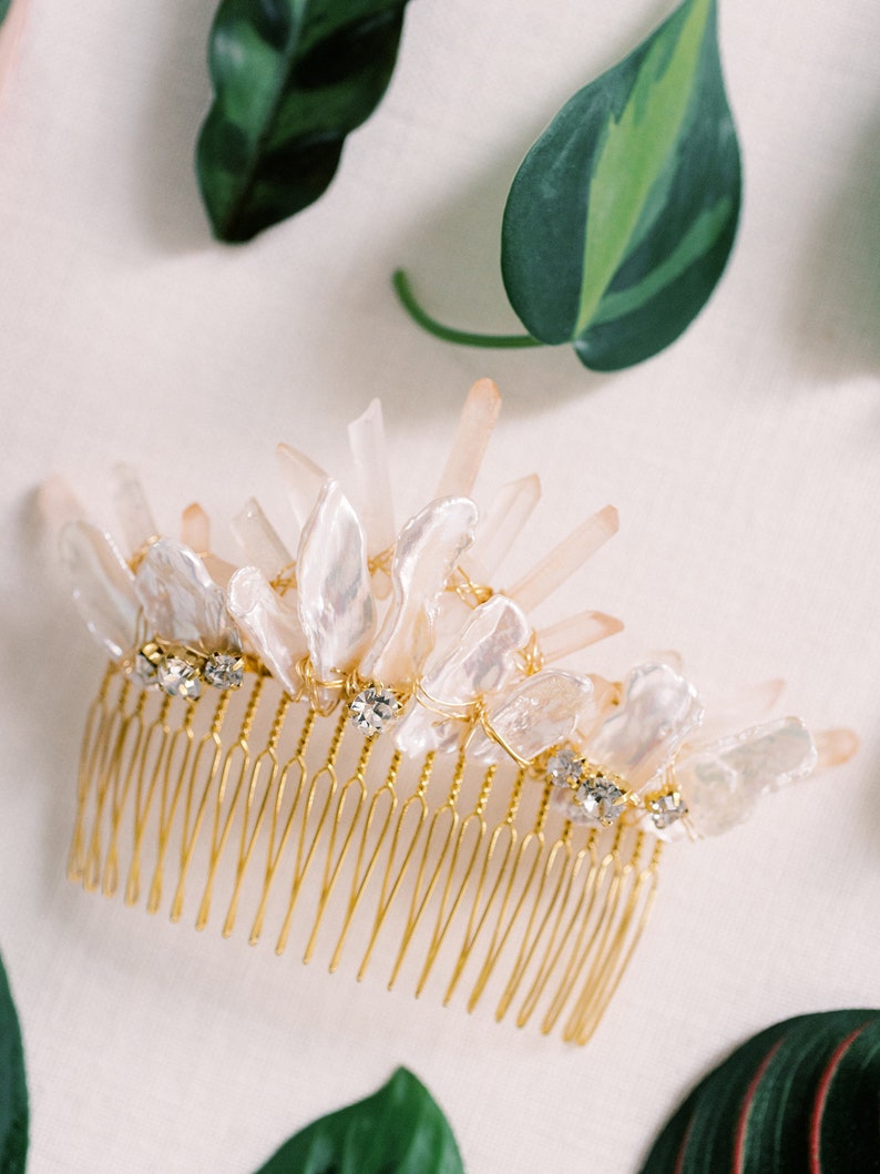 CYNTHIA feather inspired quartz bridal comb, bohemian ethereal pearl rose wedding hairpiece image 5