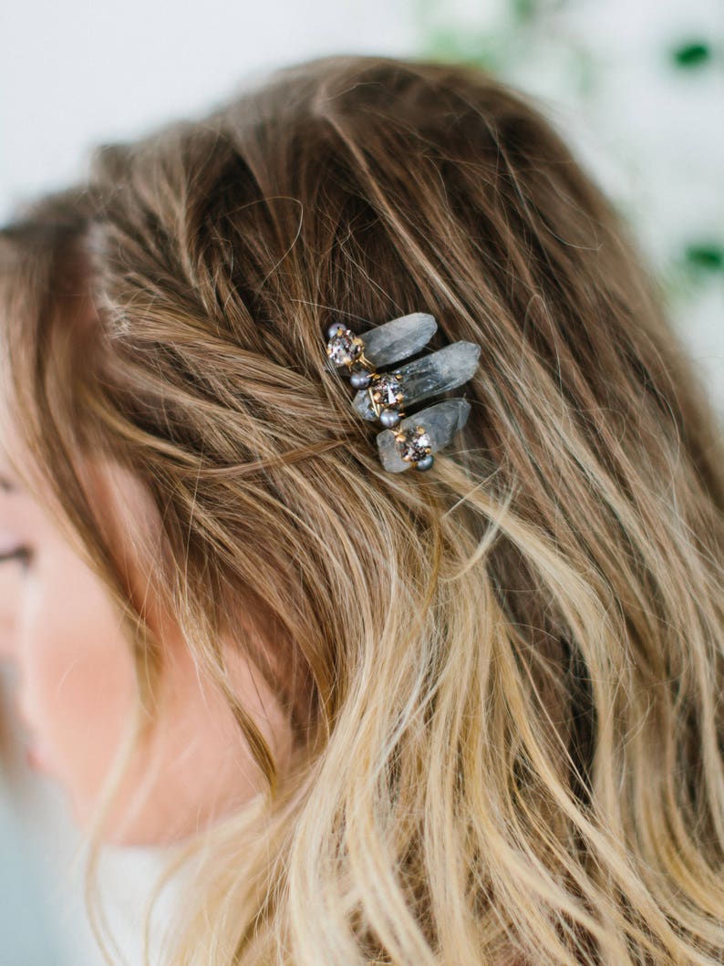 raw crystal boho wedding hair piece SIERRA smokey quartz edgy bohemian bridal comb