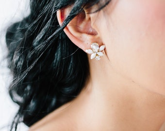 HENRI - petite white art deco wedding earrings, bohemian flower bridal studs