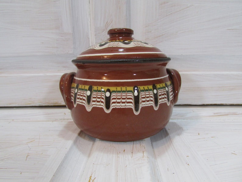 Vintage Ceramic Pot Old Clay Pots Painted Pottery Pot with Lid Clay Bowl Rustic Kitchen Serving Serving Dishes