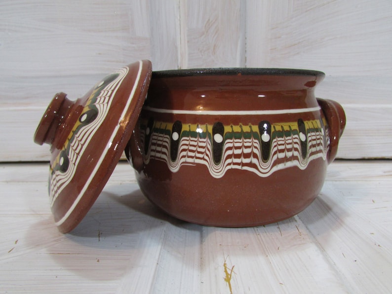Vintage Ceramic Pot Old Clay Pots Painted Pottery Pot with Lid Clay Bowl Rustic Kitchen Serving Serving Dishes