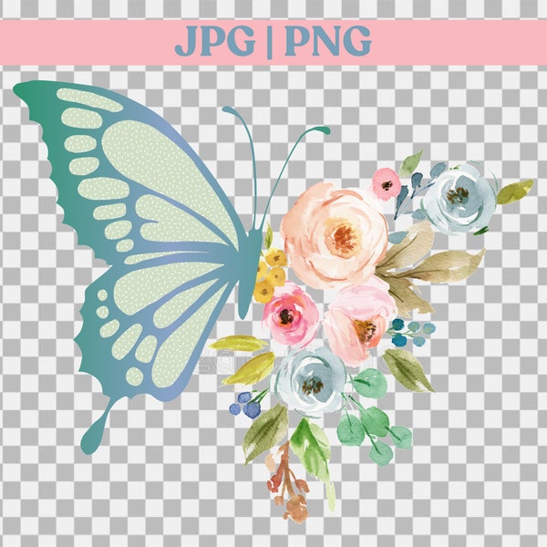 Flowery Butterfly Clipart for Sublimation, Butterfly Floral PNG, watercolor flowers Clip Art for Commercial Use, Digital Butterfly download