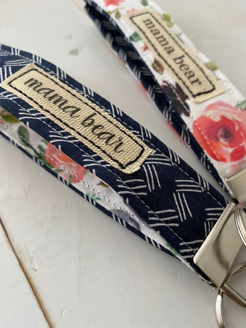gifts Wristlet key fob floral keychain keychain Mama bear Floral and navy
