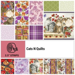 Peut inclure: Une collection de bandes de tissu représentant des chats, des fleurs et des motifs de courtepointe. Les bandes mesurent 2,5 pouces de large et sont étiquetées "Cats N Quilts".