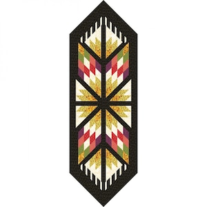 Peut inclure: Chemin de table décoratif avec un motif géométrique. Le chemin de table présente un fond noir avec un motif central de losanges colorés rouges, verts et blancs, et des éclats d'étoiles dorées. Le chemin de table mesure environ 91 cm de long.