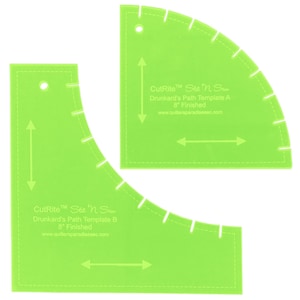 May include: Two green plastic quilting templates for Drunkard's Path blocks. The templates are labeled "CutRite™ Slit 'n Sew" and are for 8-inch finished blocks. Template A and Template B are shown.