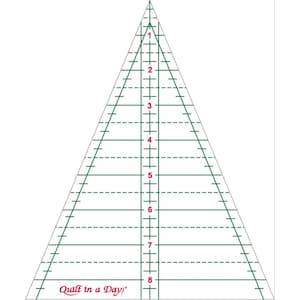 Può includere: Righello triangolare Quilt in a Day da 20 cm con linee verdi e numeri rossi. Il righello è graduato in incrementi di 6,35 mm.