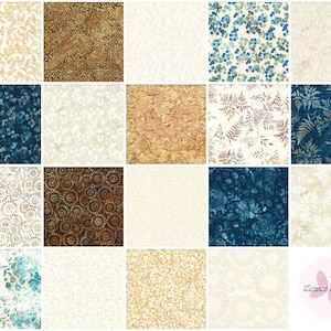 Puede incluir: Una colección de 20 cuadrados de tela con varios patrones en tonos de azul, marrón, dorado y blanco. Los patrones incluyen diseños florales, geométricos y abstractos. Los cuadrados de tela están dispuestos en una cuadrícula. El texto "Licence To Quilt" es visible en la esquina inferior derecha de la imagen.