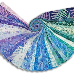 May include: A bundle of 2.5 inch wide fabric strips in a variety of blue and purple shades with floral and abstract patterns. The fabric is arranged in a fan shape.
