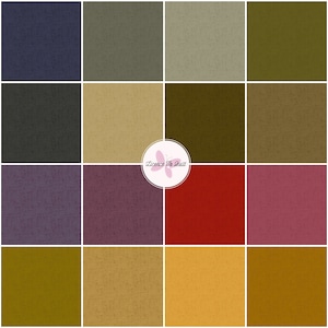 Könnte beinhalten: Eine Sammlung von 24 Stoffmustern in verschiedenen Farbtönen von Grün, Braun, Orange, Rot, Lila, Blau und Beige. Die Muster sind in einem Raster angeordnet.