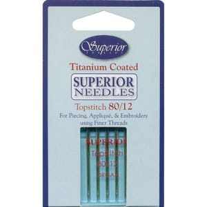 以下が含まれることがあります： チタンコーティングされたSuperior Topstitch針の80/12サイズのパッケージ。細かい糸を使ったキルト、アップリケ、刺繍に最適です。