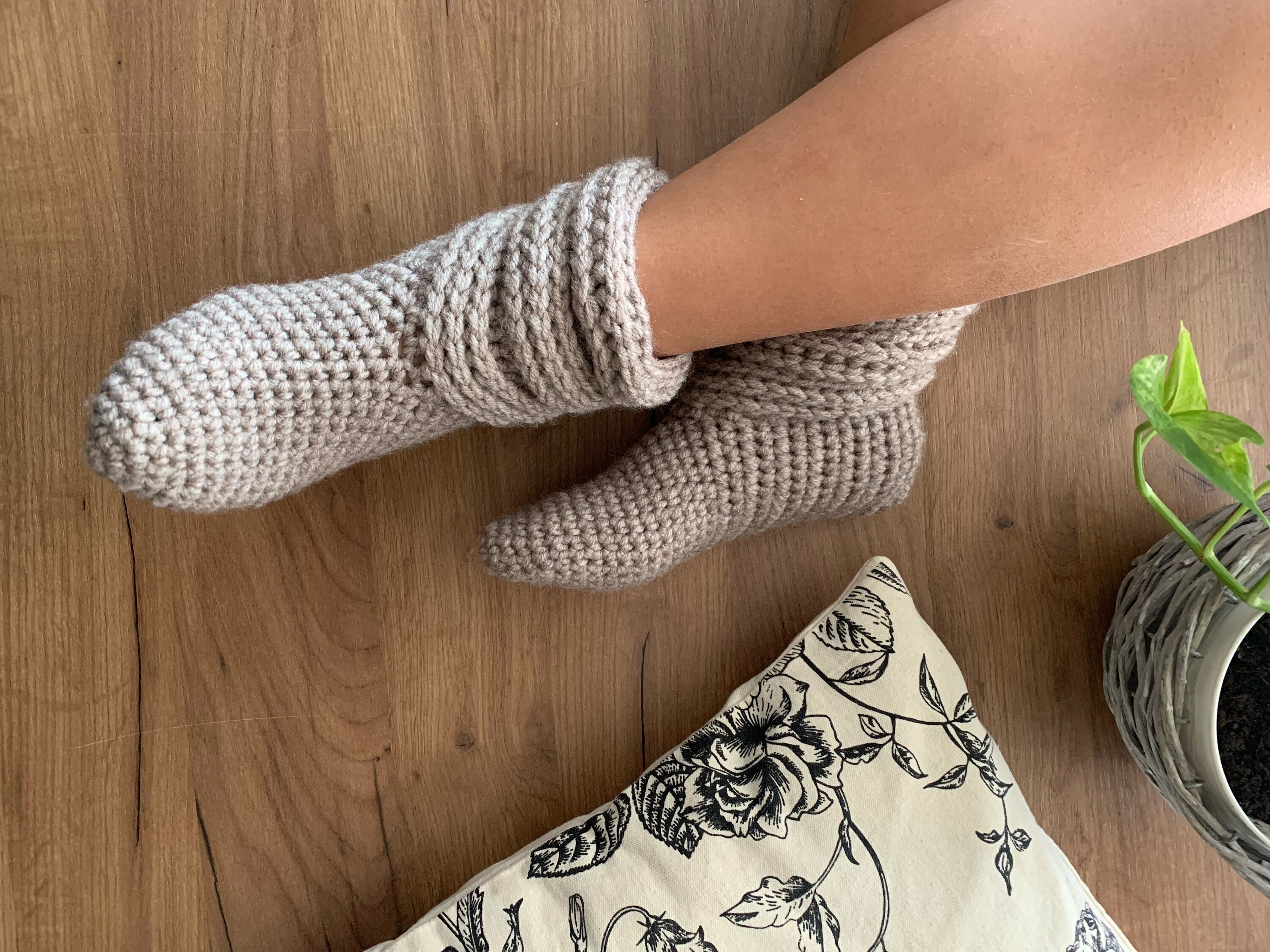 Beige Wool Crochet Slipper Boots for Women, Sweater Boots