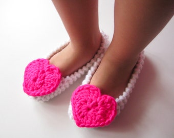 Little Girls Slippers, Ballet Flats, Toddler Flats, Child Slippers, Crochet Slippers, Kids Wedding Shoes, Girls Slippers With Pink Heart