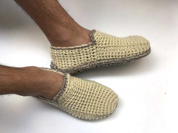 100% Natural Wool Slippers with Felt Soles, Pure Organic Wool Crochet Mens Slippers, Eco Wool Shoes, Men Loafers, House Shoes, House Boots