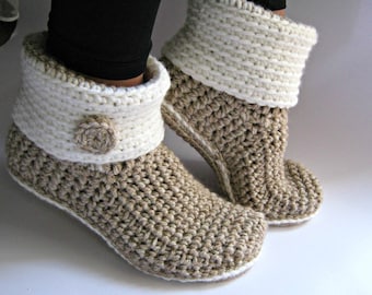 Crochet Slipper Boots with Eco Leather Soles, Women Slippers, Ankle Boots, Slouch Boots, Crochet Booties, Boot Socks, Gift for Women