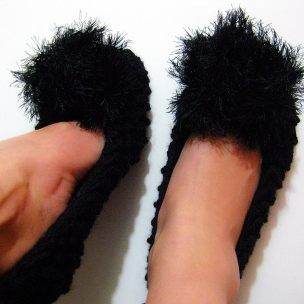BLACK Knitted Slippers for Women, PomPom Slippers, Chunky Slippers, Ballet Flats, Knit Slippers, Women Slippers, House Shoes, Gift for Women