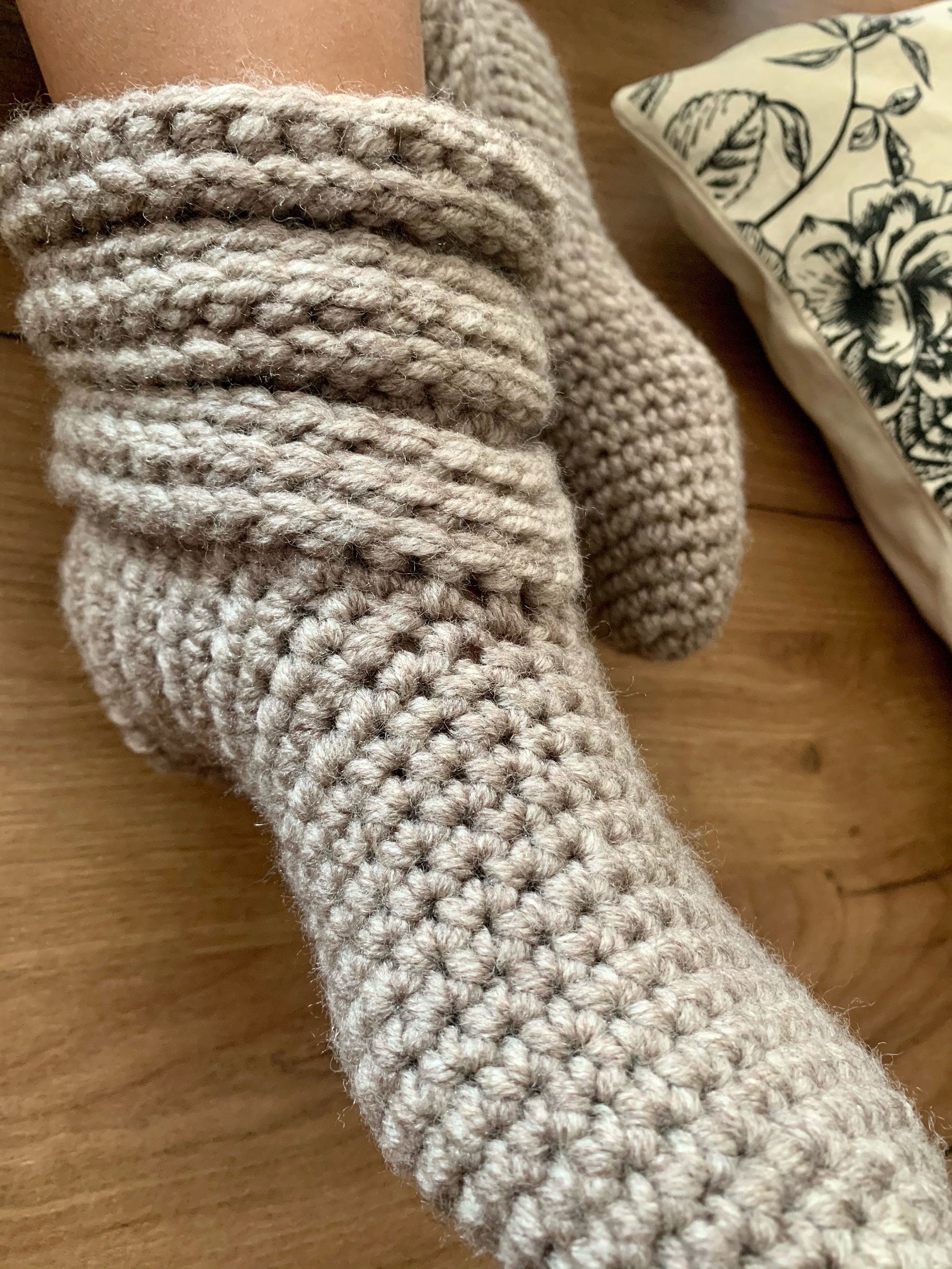 Beige Wool Crochet Slipper Boots for Women, Sweater Boots