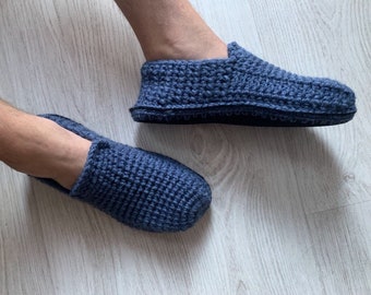 Denim Blue Crochet Mens Slippers with Felt Soles, Crochet Shoes, Mens Gift, Knitted Slippers, UnaCreations, Gift for Him