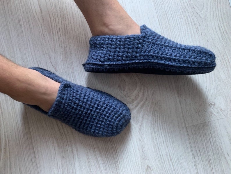 Denim Blue Crochet Mens Slippers with Felt Soles, Crochet Shoes, Mens Gift, Knitted Slippers, UnaCreations, Gift for Him image 1