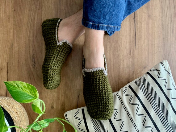 Christmas Gift for Men Green Mens Slippers Olive Green Crochet