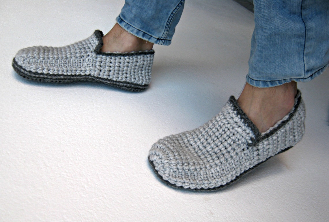 Crochet Men Slippers With Felt Soles Gray Loafer Slippers Crochet Men Slippers With Felt Soles Gray Loafer Slippers