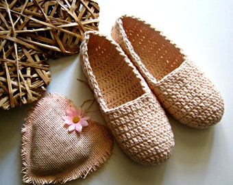 Crochet Cotton Slippers, Natural Color Cotton Slippers, Soft Crochet House Shoes, Beige Women Slippers, Crochet House Flats, Handmade Shoes