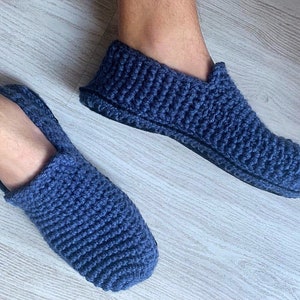 Denim Blue Crochet Mens Slippers with Felt Soles, Crochet Shoes, Mens Gift, Knitted Slippers, UnaCreations, Gift for Him image 2