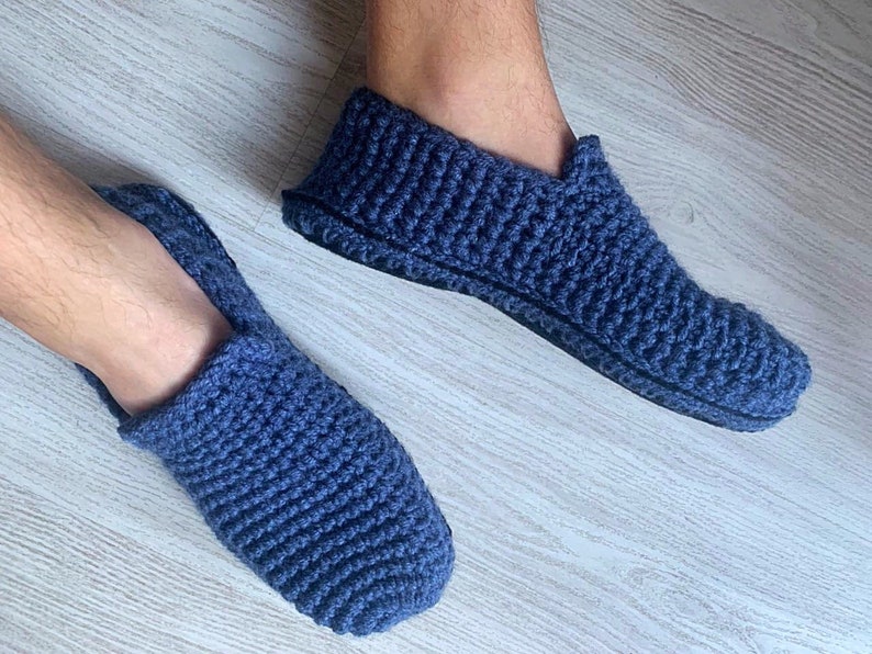 Denim Blue Crochet Mens Slippers with Felt Soles, Crochet Shoes, Mens Gift, Knitted Slippers, UnaCreations, Gift for Him image 2