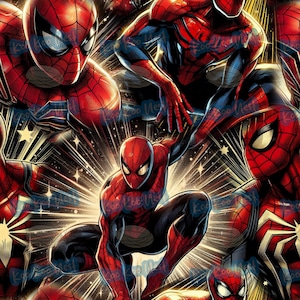 May include: A repeating pattern featuring multiple illustrations of Spider-Man in various action poses. The superhero is depicted in his classic red and blue suit, with dynamic poses against a background of starbursts and a dark backdrop.