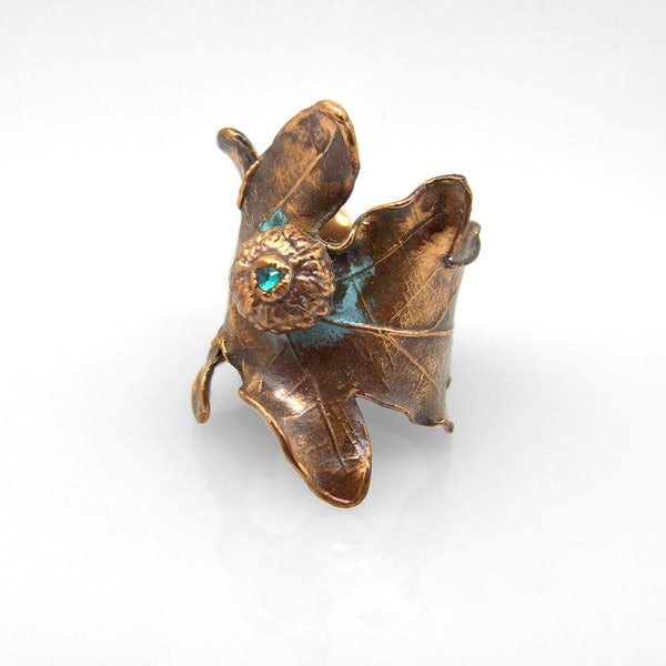 Oak real leaf copper ring, swarovski glass, nature, electroformed, electroplated, wearable art