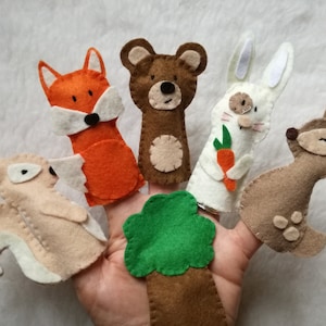 Finger puppets, forest animals, felt fox deer squirrel bear rabbit puppets Finger animals Forest animals gift game