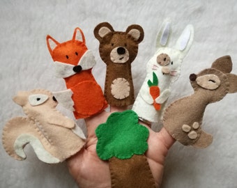 Finger puppets, forest animals, fox deer squirrel bear rabbit felt puppets Finger animals Woodland animal gift game