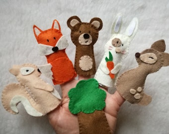 Fingerpuppen, Waldtiere, Fuchs, Reh, Eichhörnchen, Bär, Hase, Filzpuppen, Fingertiere, Waldtiere, Geschenkspiel