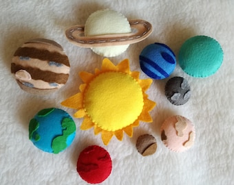 May include: A felt solar system set featuring the sun and planets. The sun is yellow with pointed rays. Planets include Saturn with a ring, Jupiter with brown stripes, and Earth with blue and green continents. Other planets are blue, teal, gray, red, and pink.