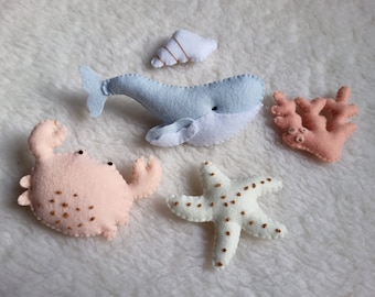 Marine theme, 5 sea elements, felt whale, shell, starfish, crab, coral, sea elements, ocean, newborn gift idea