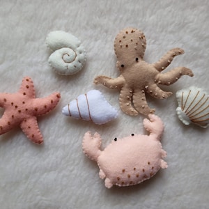 Handmade felt octopus, handmade shell favors, sea animals, felt crab, baptism decorations, sea elements
