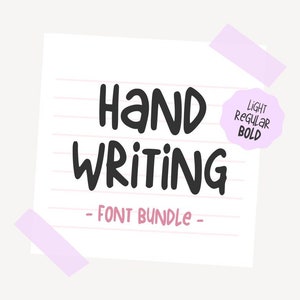 May include: A white sheet of paper with lined paper and a black handwritten text that says "HAND WRITING - FONT BUNDLE -" with a pink circle that says "LIGHT REGULAR BOLD" in black text.