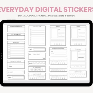 May include: A digital planner with a variety of stickers for everyday use. The stickers include sections for "Today's Affirmation", "My Motivation", "Workout", "Currently Reading", "To Call", "Email", "My Wish List", "Movie", "Book", "Currently Watching", "TV Series", "Appt", "Today's Quote", "Water", "My Hydration", and "Habit Tracker".