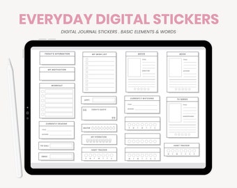 Etiquetas diárias do bloco de notas de Digitas | Rastreador de hábitos digitais | Adesivos digitais essenciais | Palavras, frases, adesivos digitais para iPad para Goodnotes
