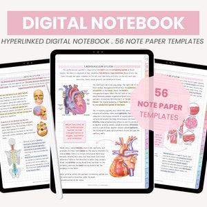 May include: A digital notebook with 56 note paper templates. The notebook is open to a page with an illustration of the cardiovascular system. The notebook is on a white background.