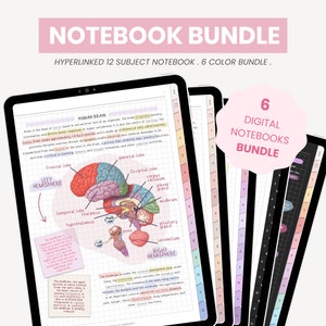 Puede incluir: Un paquete de cuadernos digitales con seis colores diferentes. El paquete incluye 12 cuadernos de asignaturas con hipervínculos. La imagen muestra un cuaderno con un diagrama del cerebro humano.