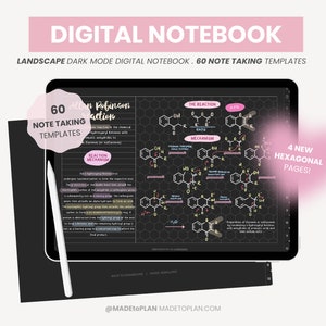Quaderno digitale in modalità scura / Quaderno con 12 argomenti in formato orizzontale / Modelli di carta esagonali per chimica organica per iPad Goodnotes di MADEtoPLAN